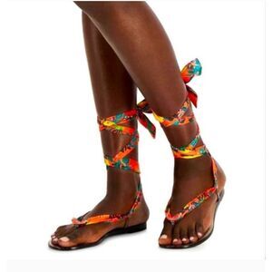 INC international concepts orange tropical scarf tie up sandals women's size 6